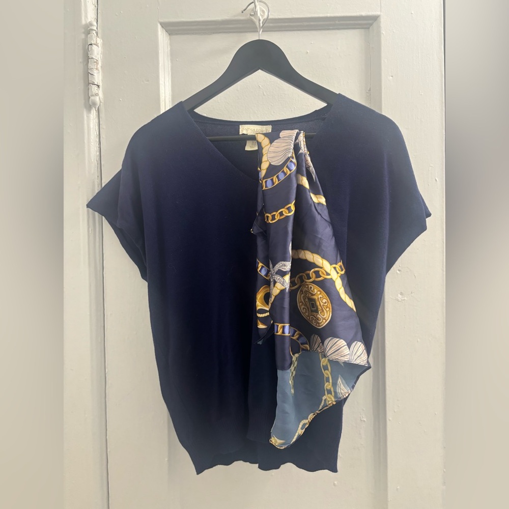 Cynthia Rowley Navy Blue Top with Chain Print Scarf Medium